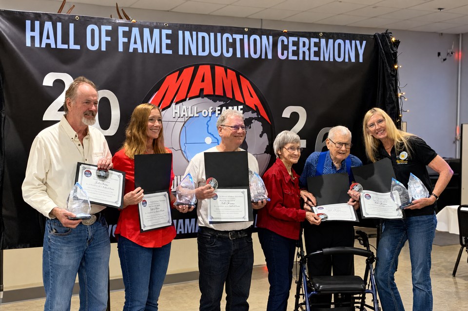The Do's and The Don'ts receive their MAMA Eastern Iowa Hall of Fame induction awards at Elks Lodge #251, Cedar Rapids, Iowa, October 11, 2026 &mdash; Hall of Fame Induction Ceremony banner with MAMA logo and 2026 visible in background